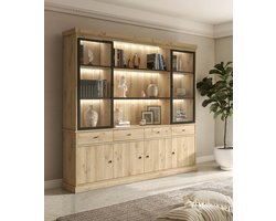 Belfurn - Balencia Vitrinekast 240cm – open middenvak met 2 glasdeuren en LED verlichting – lichte eik