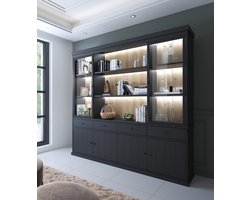 Belfurn - Balencia zwart - grote boekenkast wandkast 240cm -met open middenvak 2 glasdeuren en Led verlichting.