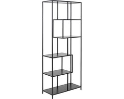 Belfurn - Joonas asymmetrisch smal boekenrek 185 cm hoog in melamine zwart op zwart metalen frame
