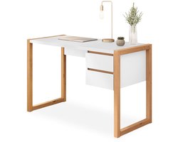 BELINDA bureau met 2 laden, 118,4 x 54 cm, wit/eiken - moderne werkplek voor kantoor en thuiskantoor met metalen laden, onderhoudsvriendelijk oppervlak, veel opbergruimte