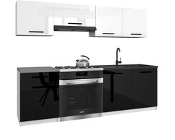 BELINI Keukenblok ITALIA 1 - Keukenmeubel Set 180 cm Wit-Zwart Hoogglans met Werkbladen - Boven- en Onderkasten