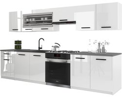BELINI Keukenblok ITALIA 4 - Keukenmeubel Set 260 cm Wit Hoogglans met Werkbladen - Boven- en Onderkasten