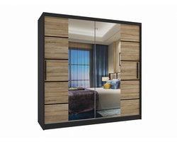 BELINI VERONA ME Schuifkast met 2 deuren - 200 cm met spiegel en lades, zwart / Sonoma eikenhout