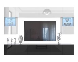 BELINI Wandmeubel Milano 1 300 cm Wit/Zwart Hoogglans - TV-Wand Greeploos - Moderne Woonwand met Gasliftsysteem - Modulair TV-Meubel