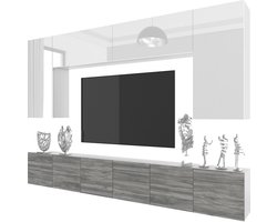 BELINI Wandmeubel Milano 2 300 cm Wit Hoogglans/Grijs Mat - TV-Wand Greeploos - Moderne Woonwand met Gasliftsysteem - Modulair TV-Meubel