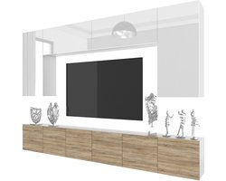 BELINI Wandmeubel Milano 2 300 cm Wit/Sonoma Eiken - TV-Wand Greeploos - Moderne Woonwand met Gasliftsysteem - Modulair TV-Meubel