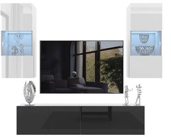 BELINI Wandmeubel Milano 7 200 cm Wit/Zwart Hoogglans - TV-Wand Greeploos - Moderne Woonwand met Gasliftsysteem - Modulair TV-Meubel