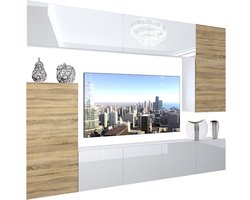 BELINI Wandmeubel NEX 8 - TV-Wandkast Set met LED-Verlichting Wit / Sonoma Eiken - Hoogglans Fronten