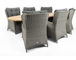 Belito® Milou Tuinset 6 persoons Ovaal - Ovale Teakhouten tuintafel 240cm - Wicker lounge tuinstoel - Weerbestendig - Exclusief - 2 Jaar Garantie