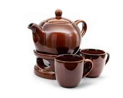 Bella Fiore Theepot Met Warmer 1L Inclusief 2 Mokken Bruin - Theekan Met Warmhouder - Premium Porselein – Theeset Cadeau