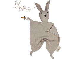 Bella Sofia® - Soof het Knuffelkonijn – Knuffeldoekje Beige – Biologisch Katoenen Hydrofiel Speendoekje – Perfect Kraamcadeau – Babyshower Cadeau – Veilig Baby Speelgoed