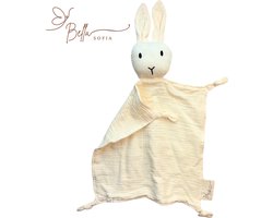 Bella Sofia® - Soof het Knuffelkonijn – Knuffeldoekje Wit / Crème – Biologisch Katoenen Hydrofiel Speendoekje – Perfect Kraamcadeau – Babyshower Cadeau – Veilig Baby Speelgoed