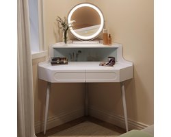 BellaLux Hoekkaptafel met LED-spiegel - Elegante hoekkaptafel met verstelbare verlichting en ruime opbergruimte - Wit HomeByNicole