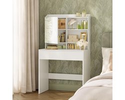 BellaLux Premium kaptafel – Moderne witte kaptafel met spiegel, verstelbare planken en grote lade – Elegante make-uptafel 70x40x136 cm HomeByNicole