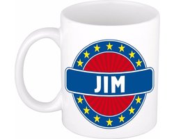 Bellatio Decorations - Jim voornaam - koffiemok - beker - wit/blauw - 300 ml - Cadeau - Heren - Collega - Vaderdag - Verjaardag