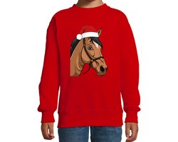 Bellatio Decorations Kersttrui / sweater boerderijdieren - kinderen - Paard - rood - kerstmuts - Kerstmis 134/146