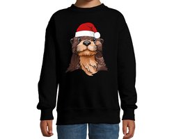 Bellatio Decorations Kersttrui / sweater familie Otter - kinderen - dieren - zwart - kerstmuts - Kerstmis 152/164