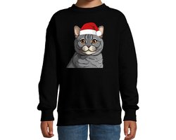 Bellatio Decorations Kersttrui / sweater kat/poes - kinderen - grijze kat/poes - zwart - kerstmuts - Kerstmis 134/146