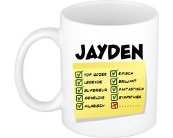 Bellatio Decorations Naam mok Jayden - wit - top gozer - keramiek - 300 ml - cadeau collega beker