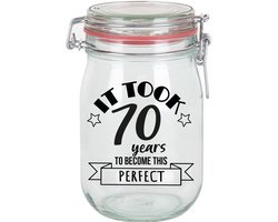Bellatio Decorations Verjaardag cadeau voorraadpot - leeftijd 70 jaar - glas - 1 liter - snoeppot