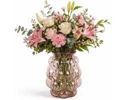 Bellatio Design Bloemenvaas Bubbles - transparant roze glas - D21 x H30 cm - vazen