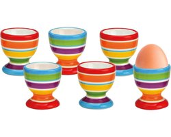 Bellatio Design Eierdopjes streep motief - set van 6x - multi kleuren - keramiek - 6x5 cm - voor ontbijt/brunch/pasen