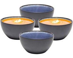 Bellatio Design Kommetje/serveer schaaltje Samos - antraciet/blauw - 6x - ontbijt/hapjes - keramiek - stapelbaar - 12 x 6 cm - Soepkommen