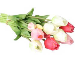 Bellatio Design Kunst tulpen boeket Sally - 7x stuks - roze/creme - real touch - 47 cm