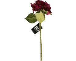 Bellatio Design Kunstbloem Hortensia tak - bordeaux rood - 48 cm - losse steel - Kunst zijdebloemen - hydrangea