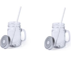 Bellatio Design Mason Jar Drinkfles met rietje en - 500ml - Glas - Grijs - 2 stuks