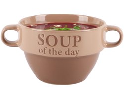 Bellatio Design Soepkommen - 1x - 500 ml - Soup of the day - keramiek - D12 x H8 cm - terra/beige - Stapelbaar