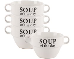 Bellatio Design Soepkommen - 4x - 500 ml - Soup of the day - keramiek - D12 x H8 cm - wit - Stapelbaar