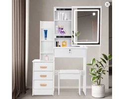 BellaVista® Kaptafel met LED Spiegel & Dimbare Verlichting – Moderne Witte Make-up Tafel met Lades, Opbergvakken & Kruk – Schminktafel met Grote Spiegel, Verstelbare Helderheid & Stijlvol Design