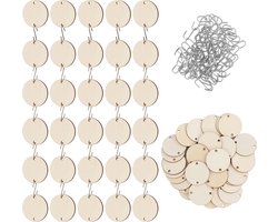 Belle Vous 100 Pak Onbewerkt Houten Snedes met S-Haken – 3,4 cm – 2,5 mm Voorgeboorde Natuurlijk Houten Stukken – DIY Hobby, Werk, Verjaardags Tags, Kerstmis Decoraties en Ornamenten
