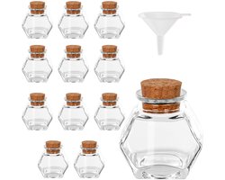 Belle Vous 12 Pak Glazen Hexagoon-vorm Potten met Kurken Doppen - 45 - 50 ml - Mini Mason Luchtdicht Opslag Flessen & Trechter voor Huwelijksgeschenken, Keuken Specerijen en Jam