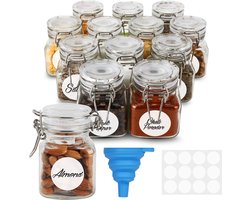BELLE VOUS 12 Pak Luchtdichte Glazen Specerijen Potten met Scharnierdeksel - 120 ml - Herbruibare Opslag Containers met Labels en Trechter - Flessenset voor Keuken, Voedsel, Kruiden en Bloem
