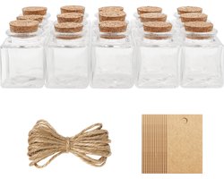 Belle Vous 15 Pak Glazen Geschenk Potten Set met Kurken Doppen, Labels en Touw – 50 ml – Mini Vierkante Mason Luchtdichte Opslag Flessen en Labels voor Huwelijkgeschenk, Feest, Keuken Spijzen en Jam