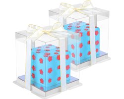 Belle Vous 2 Pack of Clear Plastic Cake Boxes with Boards & Ribbon - 15 x 15 x 18cm/6 x 6 x 7 Inches - Transparent Tall Cake Gift Packaging Carrier Boxes for Birthdays, Weddings & Parties
