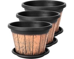 Belle Vous 3 Pack of Plastic Half Barrel Plant Pots - 23cm/9 Inches - Indoor/Outdoor Flower Pots with Drainage Holes & Saucers - Decorative Planters for Home/Garden - Rustic Wood-Look Wine Barrels