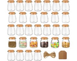 Belle Vous 30 Stuks Set Glazen Gunstpotjes met Kurken Deksels, Labeltags en Touw 210ml - Mini Vierkante Mason Luchtdichte Opslagflessen en Etiketten voor Huwelijksgunsten, Feest, Keukenkruiden & Jam
