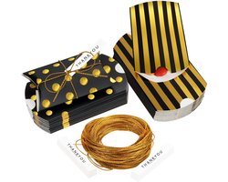 Belle Vous 50 Stuks Goud & Zwart Papieren Kussen Geschenkdozen met Cadeaulabels & Touw Vintage Kraft-Stijl Polkadot&Strepen Snoep Traktatiedozen Voor Bruiloft, Verjaardagsfeest, Kerstmis, Babyshower