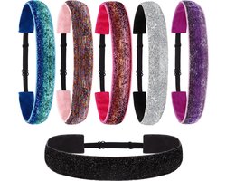 Belle Vous 6 Pak Elastieken Glitter Hoofdbanden – Non Slip Rek Haarbanden voor Heren en Dames – Blauw, Zilver, Regenboog, Roze, Paars en Zwarte Accessoires – Voor Sport, Oefeningen & Gymnastiek