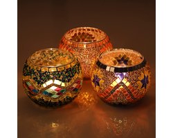 Belle Vous Glas in Lood Votief Theelichten & Kandelaar Set (3 Pak) - B10,2 x H7,8 cm - Mozaïek Ronde Kopstukken - Huis Ornament, Bruiloft Tafel Decoratie & Aromatherapie Geschenk