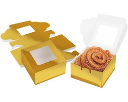 Belle Vous Goud Papier Hobby Enkele Bakkerij Gebak Doosjes met Raam (50 Pak) – 10,16 x 10,16 x 5,7 cm – Wegwerp Verpakking Doosjes – Koekjes, Cupcakes, Desserts & Taartjes