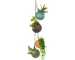 Belle Vous Keramische Hangende Plantenbak met 4 Potten - Bungelende Vetplant Bloembak - Veelkleurige Plantenhouders met Jute Touw - Perfect Voor Binnen en Buiten, Woning, Kantoor en Tuindecoratie
