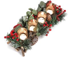 Belle Vous Kerstmis Vierdubbele Theelicht Kaarshouder - 13 x 37 cm - 4 Glazen Votief Kaarsen Kandelaars - Decoratieve Bessen & Dennenappel Tafel Kopstukken voor Huis, Huwelijk of Kerstdecoratie