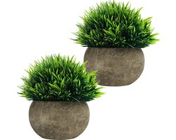 Belle Vous Mini Artificiële Pot Planten (2 Pak) – Nep Groene Gras Bosjes met Grijze Pot – Kleine Faux Plastic Binnen & Buiten Huis Decor, Kantoor & Badkamer Aankleding Decoratie