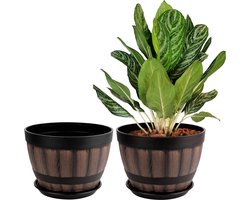 Belle Vous Set van Twee Bloempotten - Twee Halve Wijnvaten van Plastic - 22,5 cm Doorsnede - Met drainage en Plantenschotel - Bloempotten voor Binnen