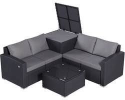 BELONID Tuinmeubelset voor 4 personen - Twee armstoelen en twee eenpersoons loungestoelen - Tafel met glazen blad - Inclusief opbergbox en beschermhoes - geschikt voor de tuin, het balkon en het terras