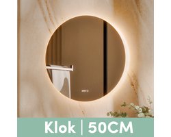 Beloura Badkamerspiegel met Verlichting - Ronde Badkamer Spiegel - Verwarming - Klok - LED - 50 cm